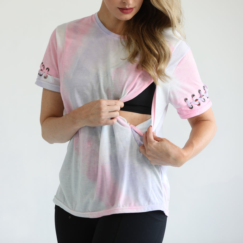 loose fit nursing t shirt with zippers, sweat and milk