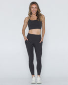 postpartum tummy control ultra high waisted leggings with pockets, front shot half body, sweat and milk