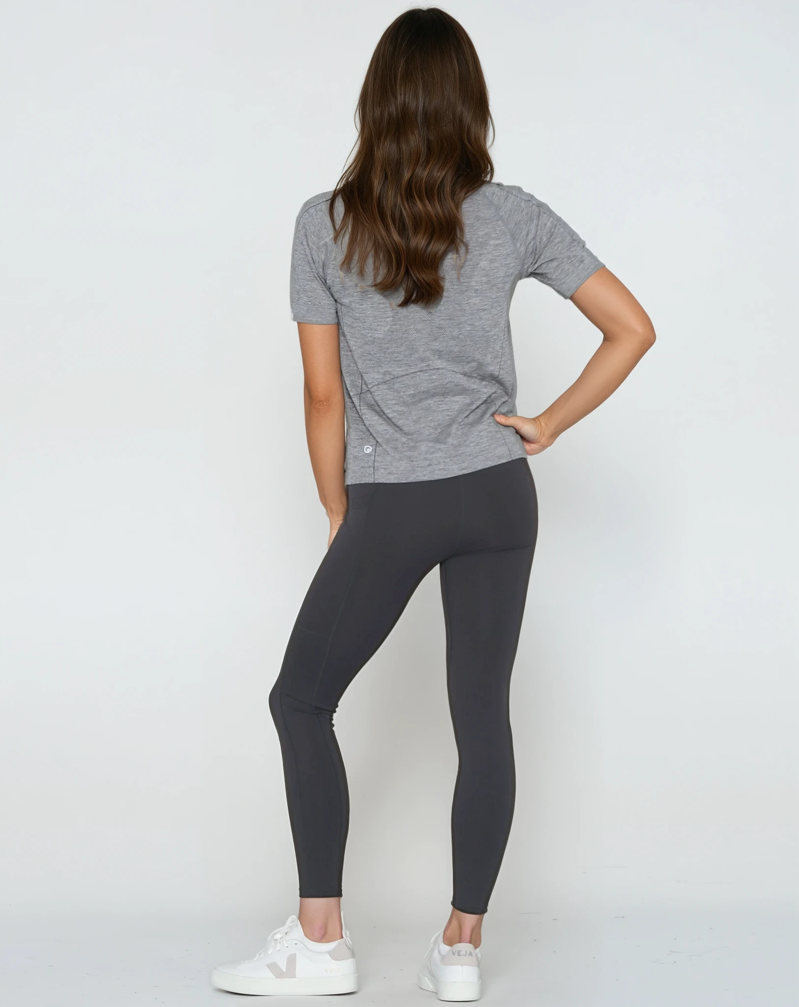 Seamless nursing running top, heather gray, Sweat and Milk, back shot full body