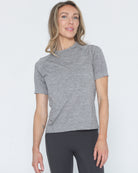 Seamless nursing running top, heather gray, Sweat and Milk, front shot half body
