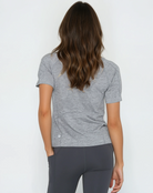 Seamless nursing running top, heather gray, Sweat and Milk, front shot half body