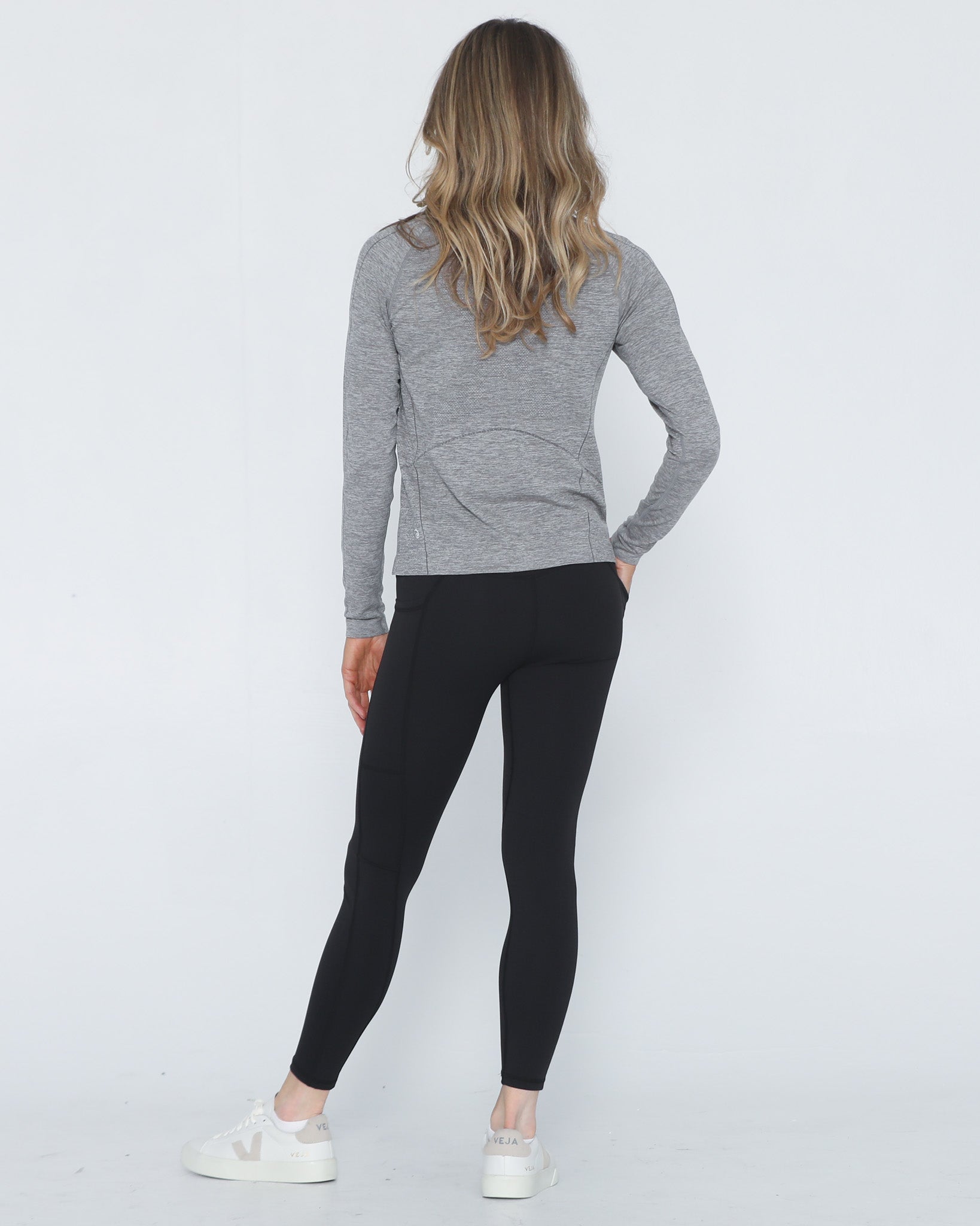 Aria seamless nursing top with dual invisible zippers, sweat and milk, front shot full body