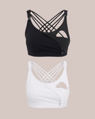 Two sports bra cups from Oceane 2 shown on a plain beige background, with promotional text at the top reading 'Oceane 2 2-Pack Special • $94 (Save $18)'. The left cup is black and the right cup is white, both with crisscross back straps and side cutouts.