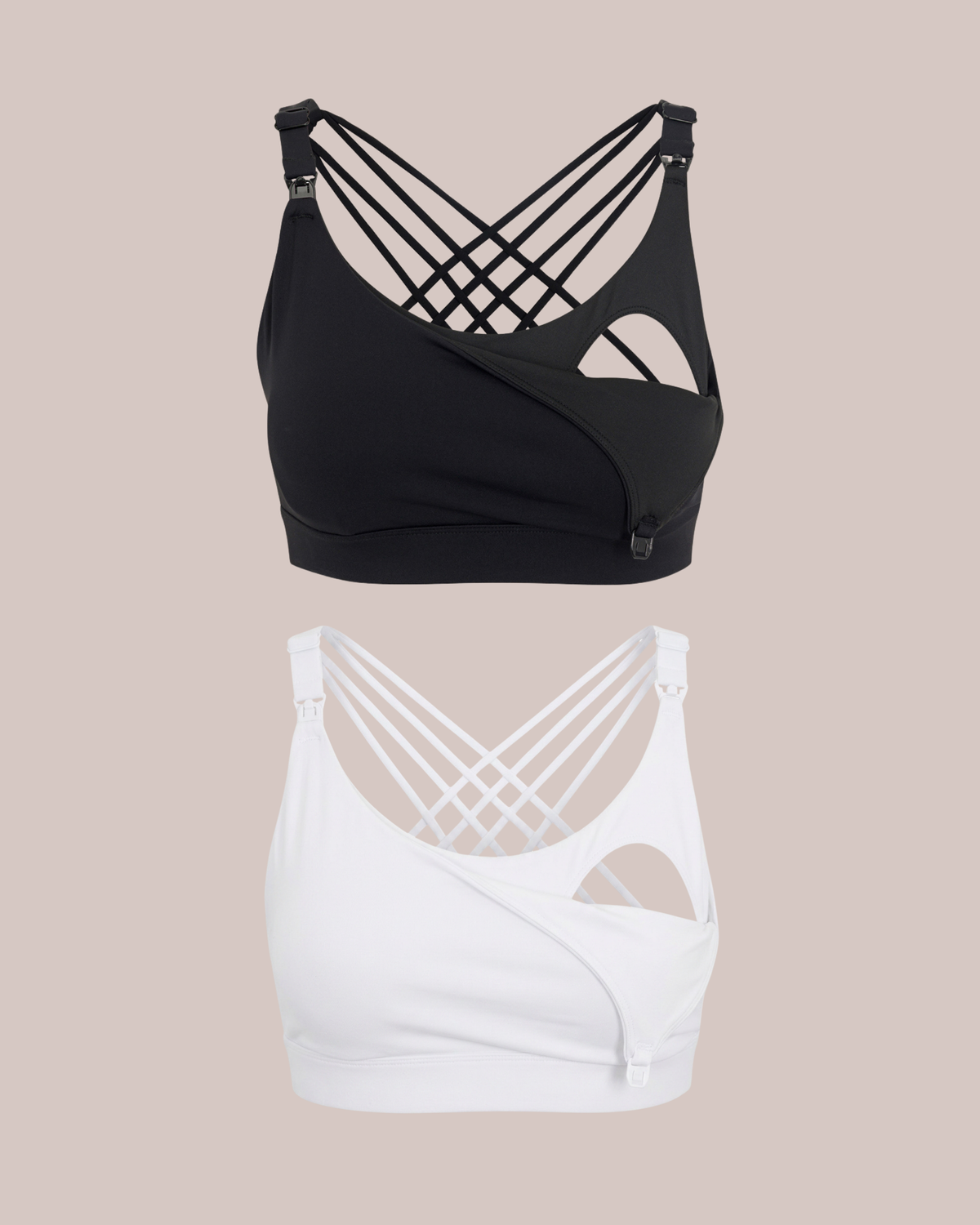 Two sports bra cups from Oceane 2 shown on a plain beige background, with promotional text at the top reading 'Oceane 2 2-Pack Special • $94 (Save $18)'. The left cup is black and the right cup is white, both with crisscross back straps and side cutouts.