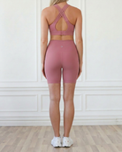 ultra high-rise postpartum biker shorts with pockets, sweat and milk, champagne rose, back shots