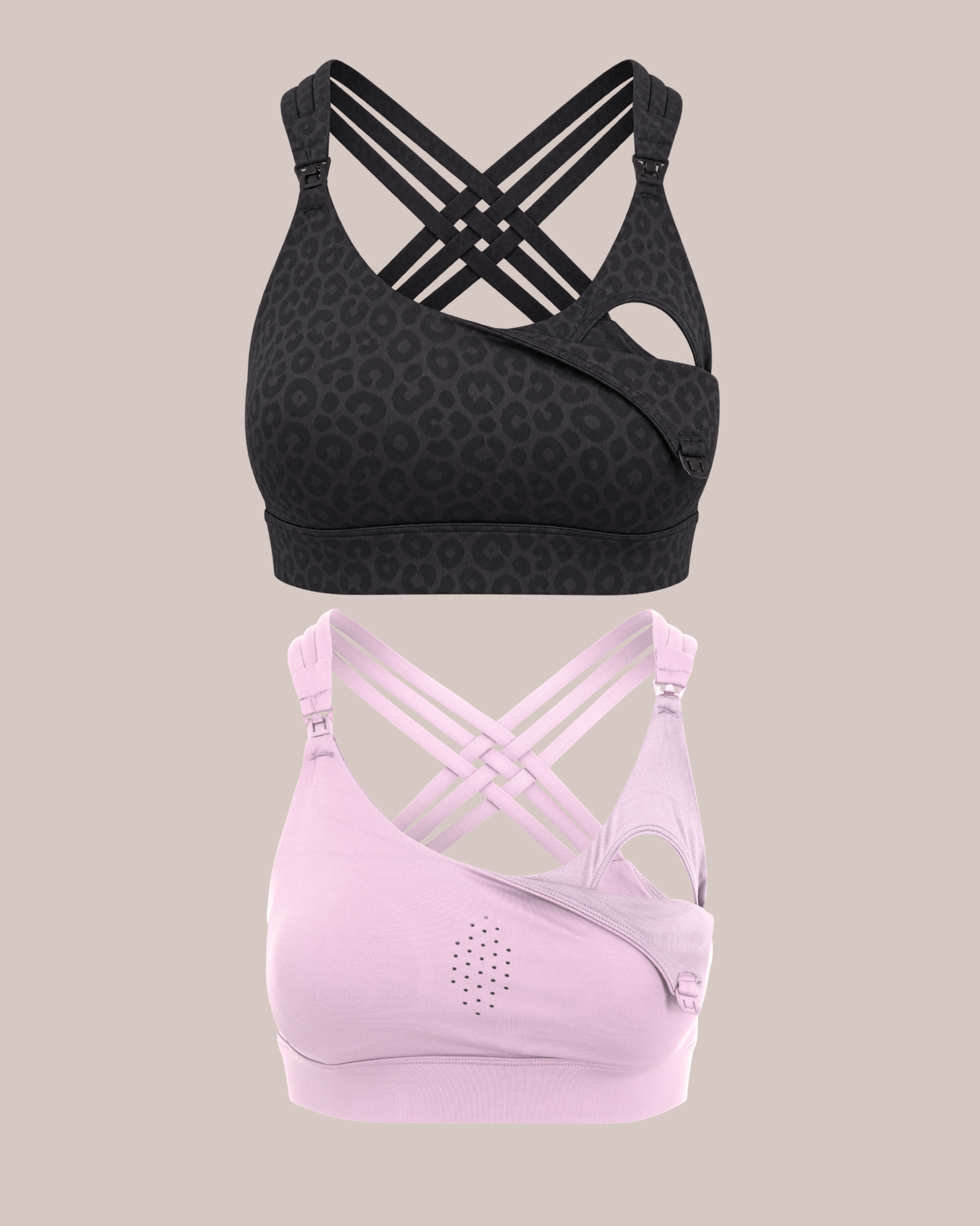 Two Chloe 3 running nursing sports bras shown on a plain beige background: a black leopard-print bra at the top with wide crossover straps, and a light pink bra at the bottom with matching crossover straps.