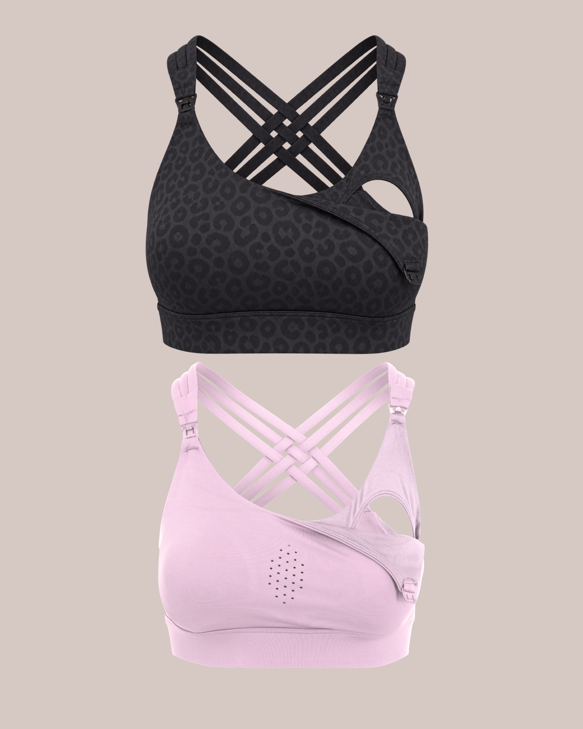 Two Chloe 3 running nursing sports bras shown on a plain beige background: a black leopard-print bra at the top with wide crossover straps, and a light pink bra at the bottom with matching crossover straps.