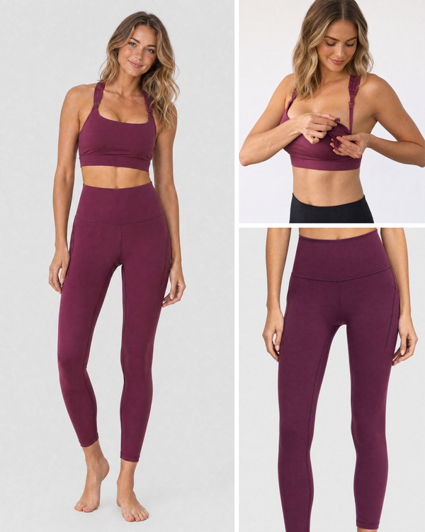 The Léa High-Rise Pocket Leggings (Pine) in Chloe 4 Running Nursing & Pumping Sports Bra (Bordeaux) (Size)
