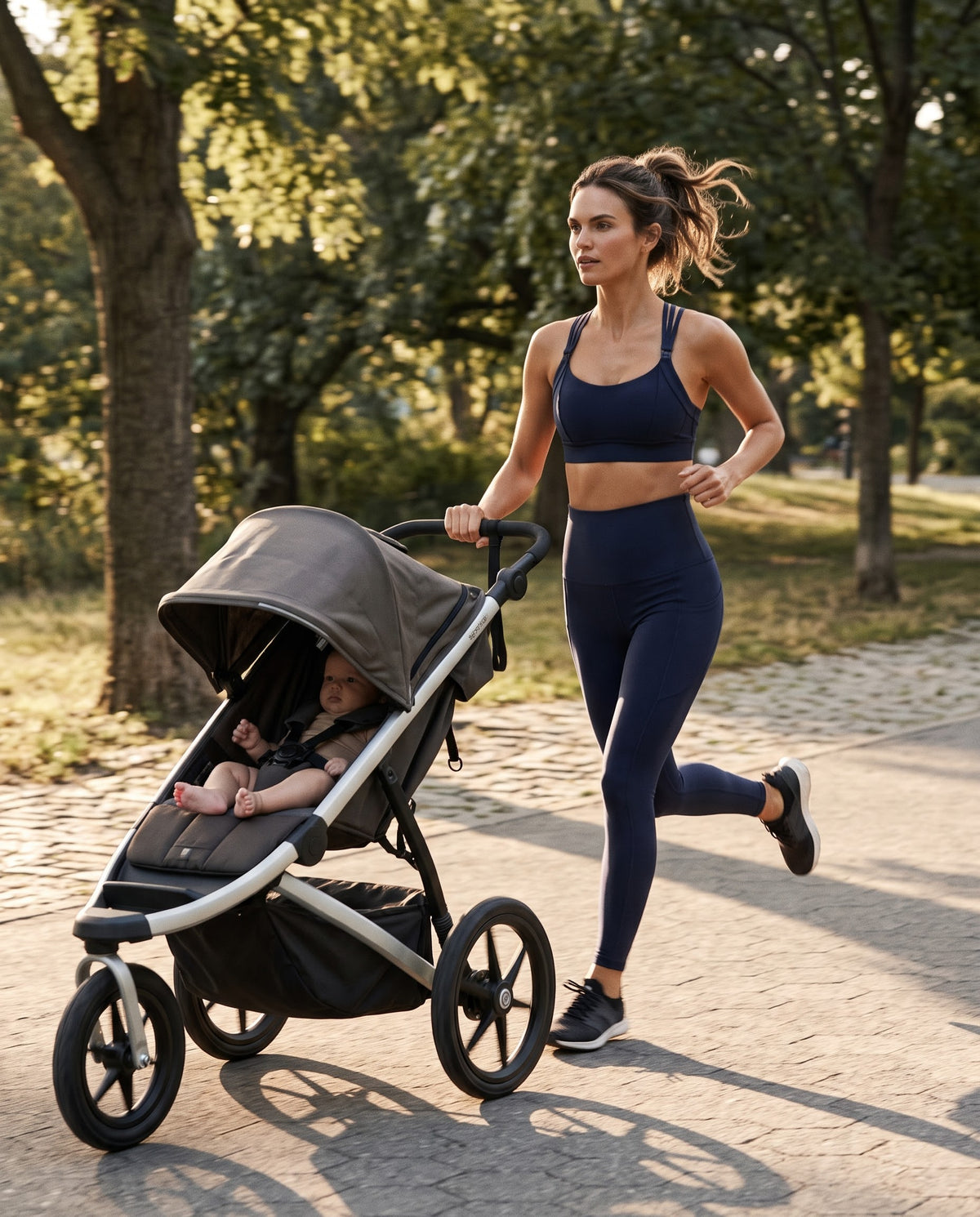 Chloe 5 running nursing sports bra with built in cups, non removable pads, high support, strappy back, adjustable band, running shot on model