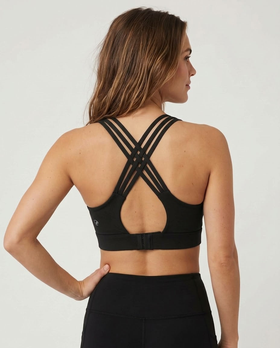 Chloe 5 running nursing sports bra with built in cups, non removable pads, high support, strappy back, adjustable band, front shot on model, back