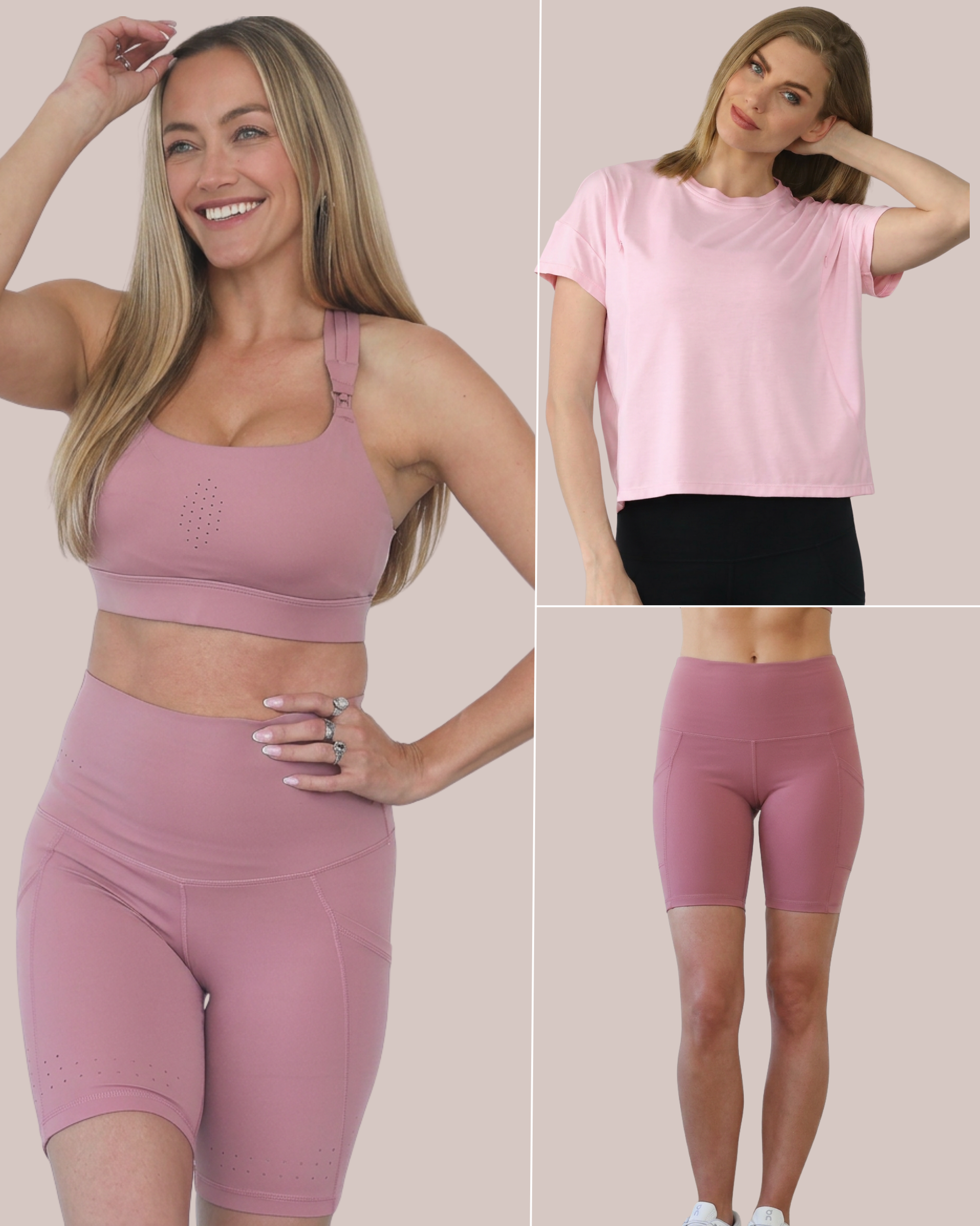 Champagne rose nursing sports bra, postpartum shorts, and nursing tee 3-pc set