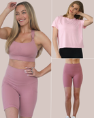 Champagne rose nursing sports bra, postpartum shorts, and nursing tee 3-pc set