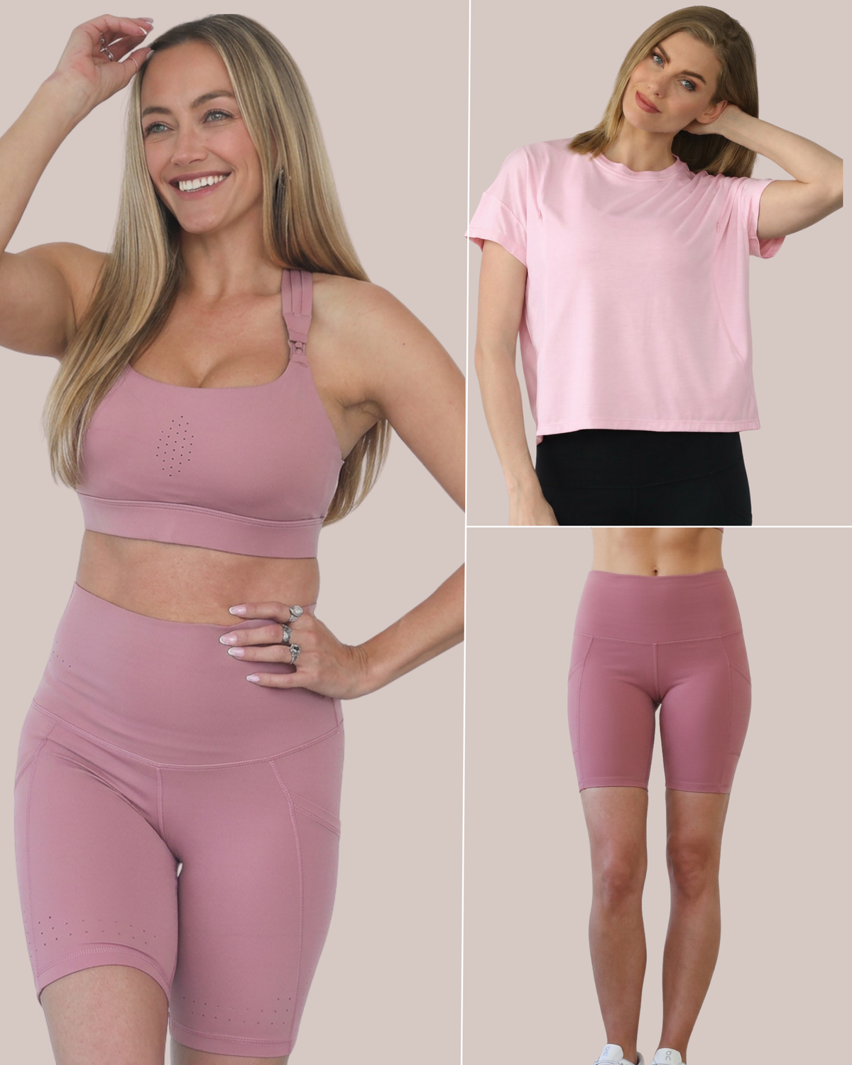 Champagne rose nursing sports bra, postpartum shorts, and nursing tee 3-pc set