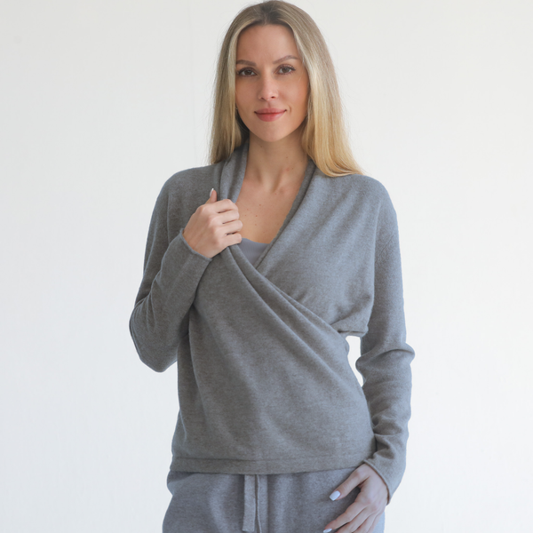 Camille Cashmere Wrap Sweater (Blanc) in Gray