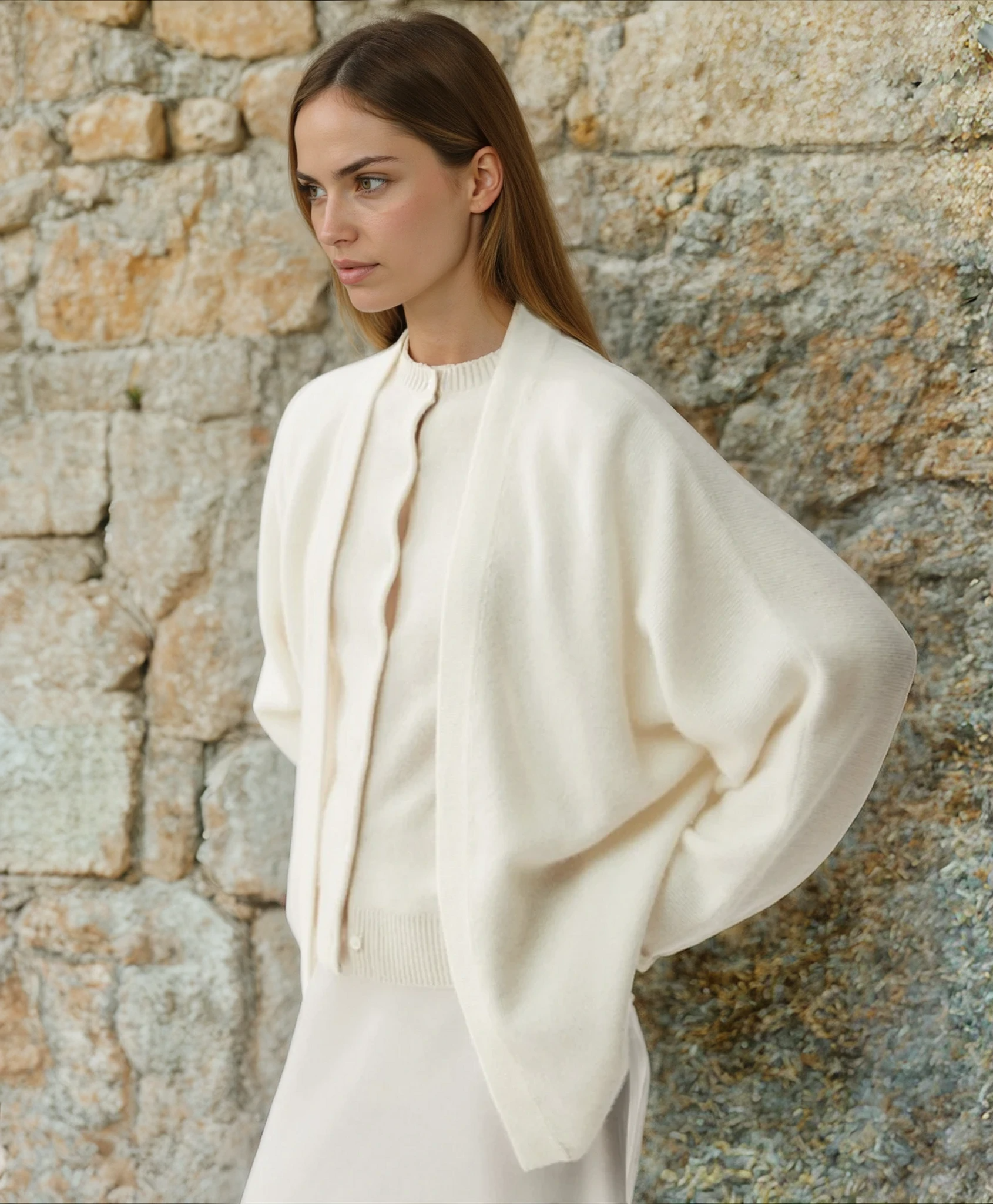 Cashmere cardigan, ivory, white, side shot sweat and milk