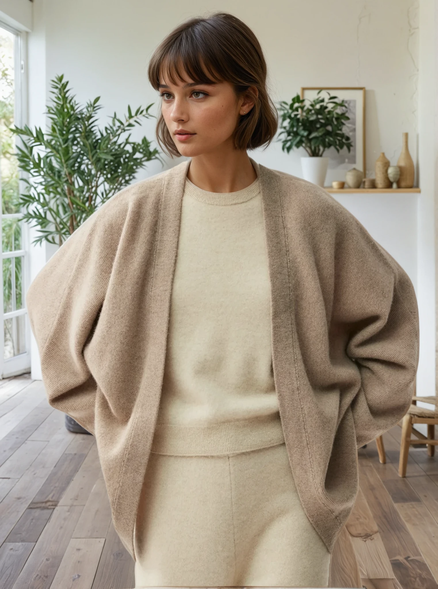 Cashmere cardigan on model, front shot, sweat and milk