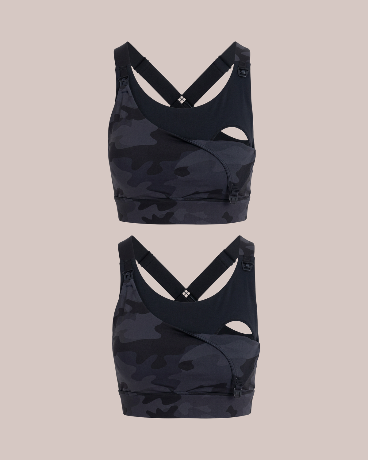 Two dark navy camouflage sports bra (Venice high impact nursing sports bra in camo) backs shown on a light beige background, one above the other. The sports bra features a wrap-style crossover back design with cutouts and adjustable straps.