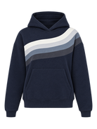 A navy blue pullover hoodie (Ruby) with a front kangaroo pocket and a diagonal wavy stripe pattern across the chest in white, light gray, medium gray, and dark gray.