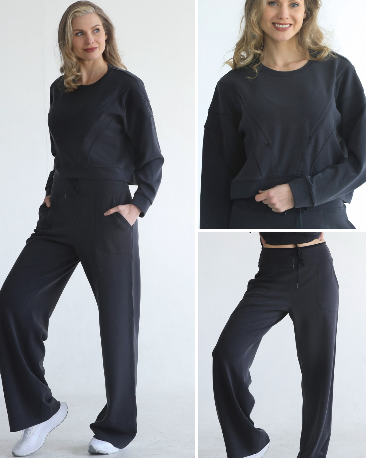 A woman modeling a matching dark navy lounge set (Lyah nursing lounge set) consisting of a long-sleeve cropped sweatshirt and high-waisted wide-leg pants, shown in a three-panel collage against a plain light background.