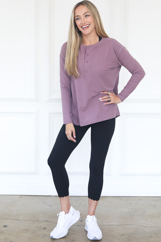 super soft nursing friendly henley long sleeve top, layer piece, relaxed fit, sweat and milk