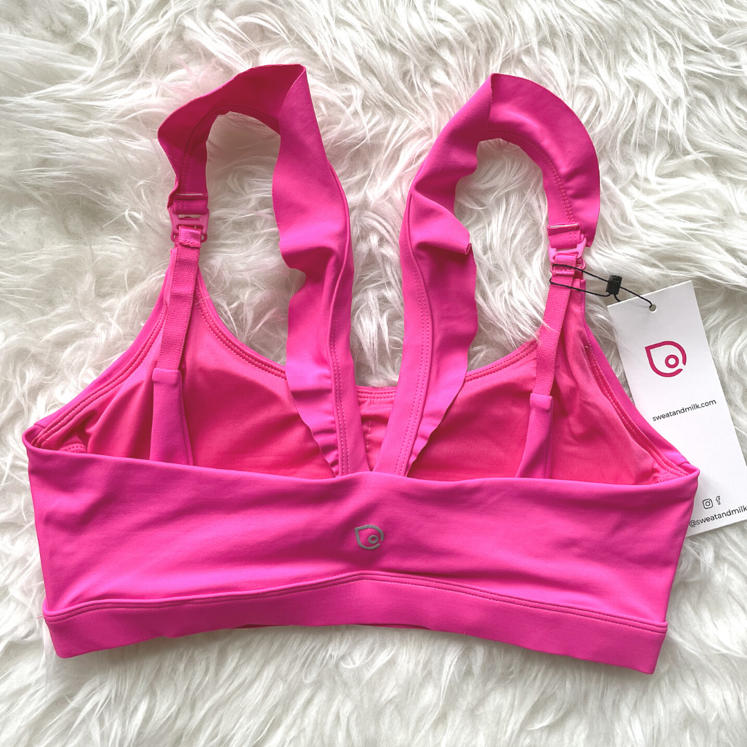 Madison Ruffle Nursing Sports Bra, Medium support, running, largest breast, hot pink