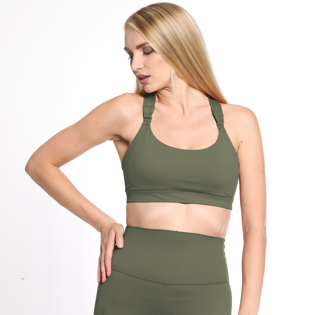 Chloe 3 Running Nursing Sports Bra, strappy back, supportive, high impact, olive - Sweat and Milk