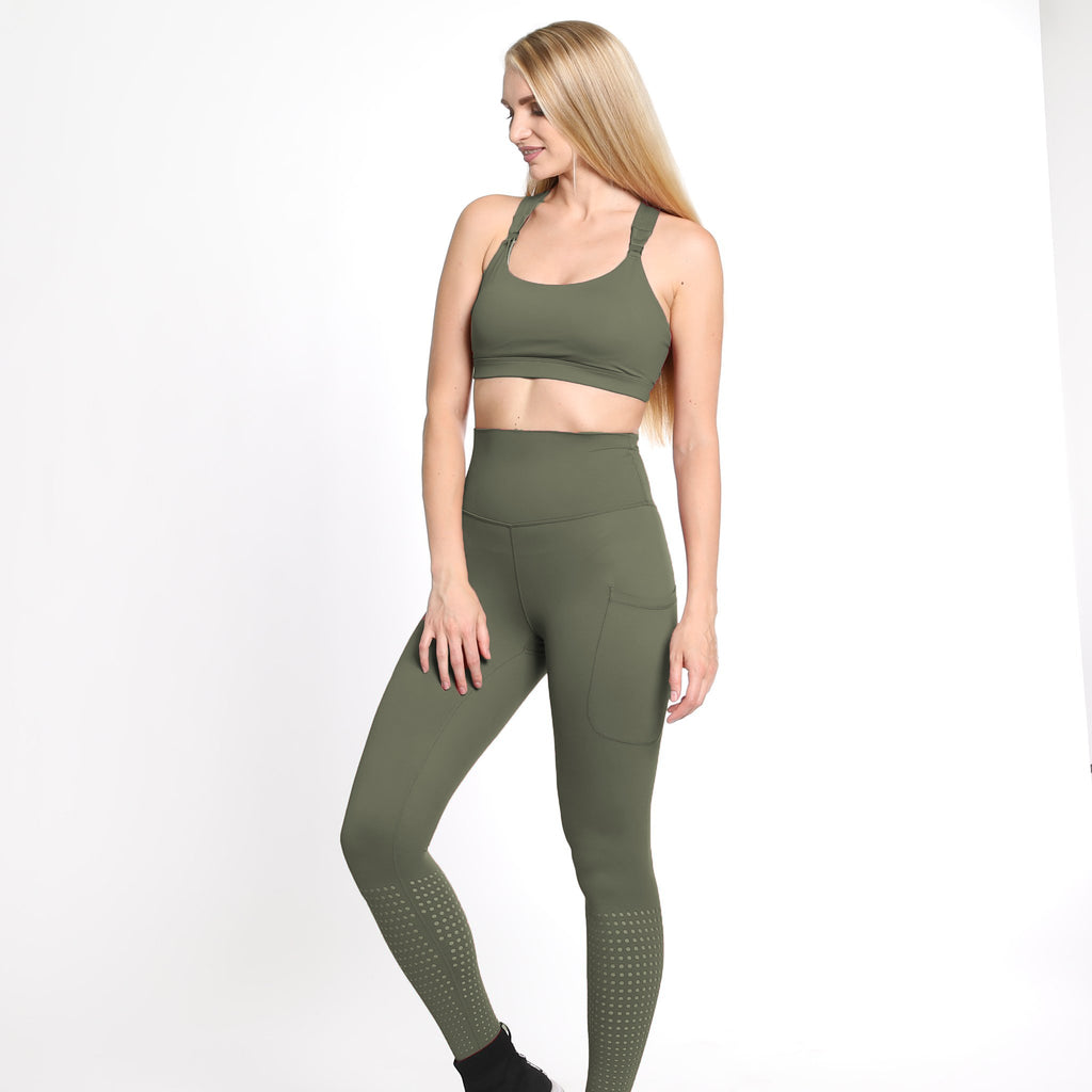 Chloe 3 Running Nursing Sports Bra, strappy back, supportive, high impact, olive - Sweat and Milk