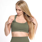 Chloe 3 Running Nursing Sports Bra, strappy back, supportive, high impact, olive - Sweat and Milk