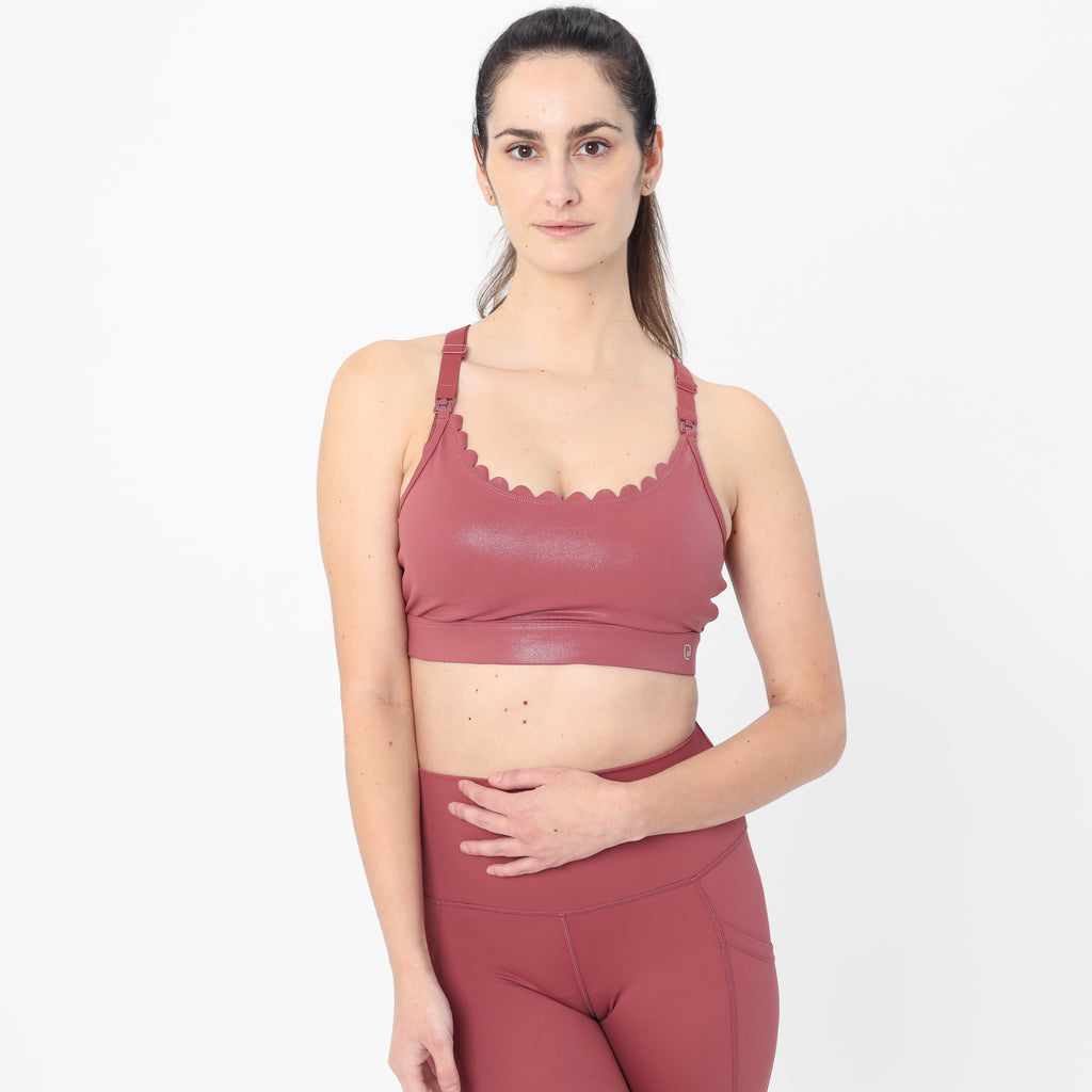 Lucie Nursing Sports Bra, High Impact, Supportive, largest chest, running, Metallic Rose, sweat and milk