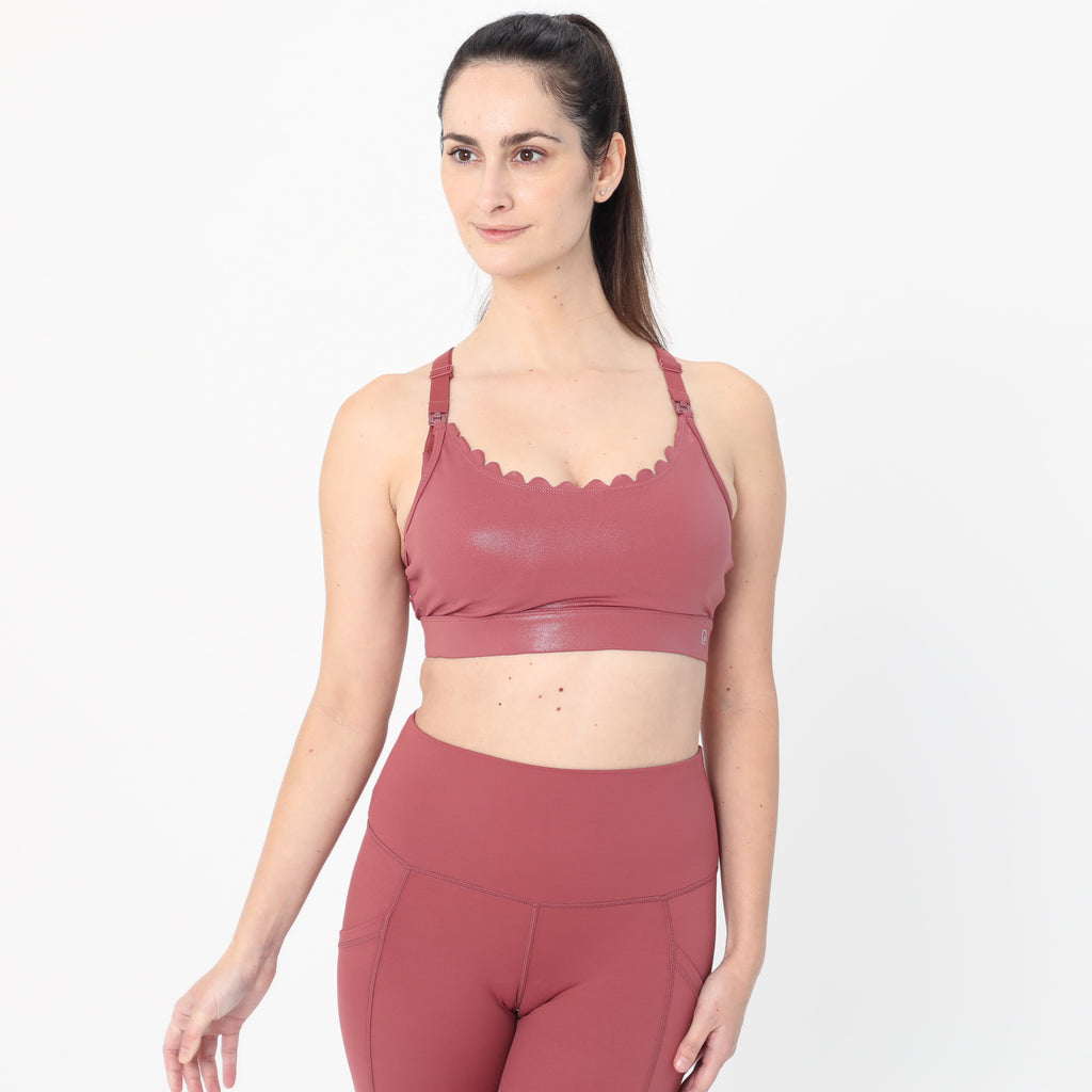 Lucie Nursing Sports Bra, High Impact, Supportive, largest chest, running, Metallic Rose, sweat and milk