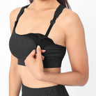 Chloe 4 Running Nursing and Pumping Sports Bra, black, strappy back, supportive, stylish, mid high impact, high coverage, supportive, large chest, black cheetah, sweat and milk
