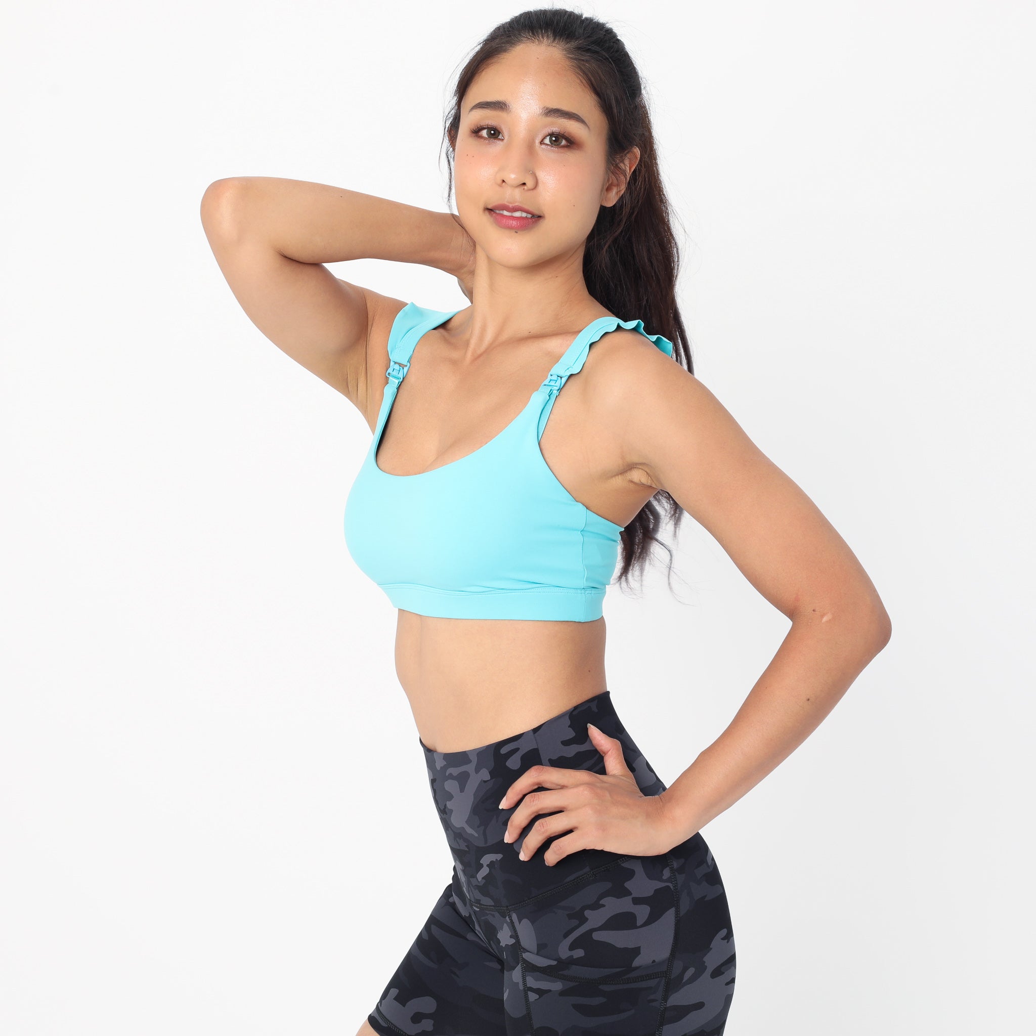 Madison Ruffle Nursing Sports Bra, Medium support, running, largest breast, aqua