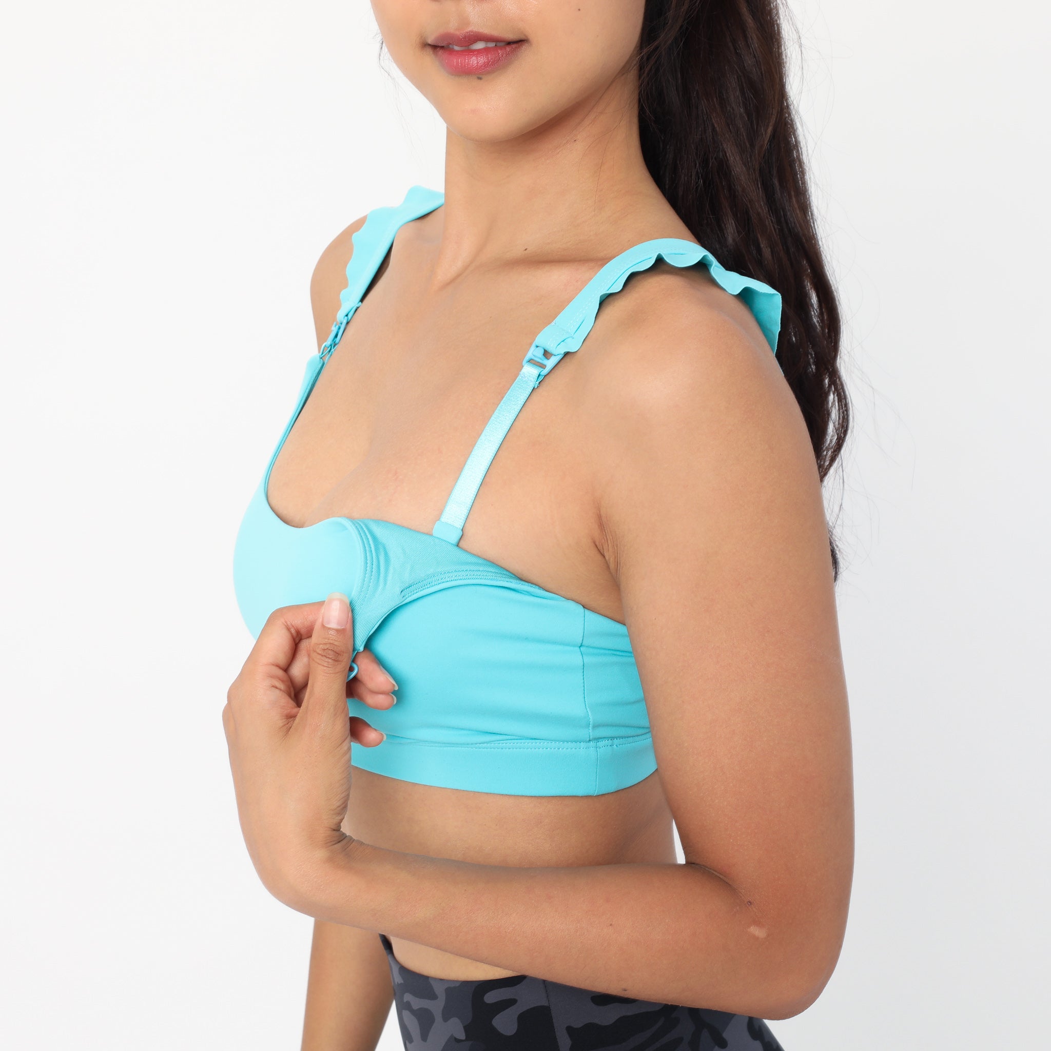 Madison Ruffle Nursing Sports Bra, Medium support, running, largest breast, aqua