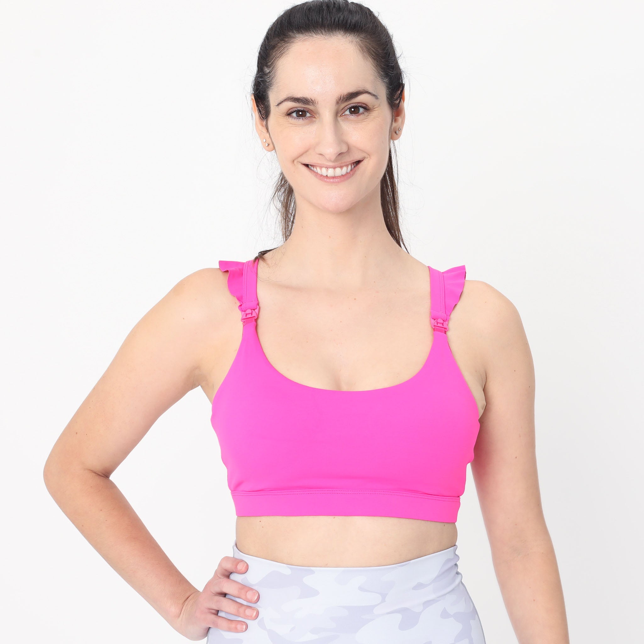 Madison Ruffle Nursing Sports Bra, Medium support, running, largest breast, hot pink