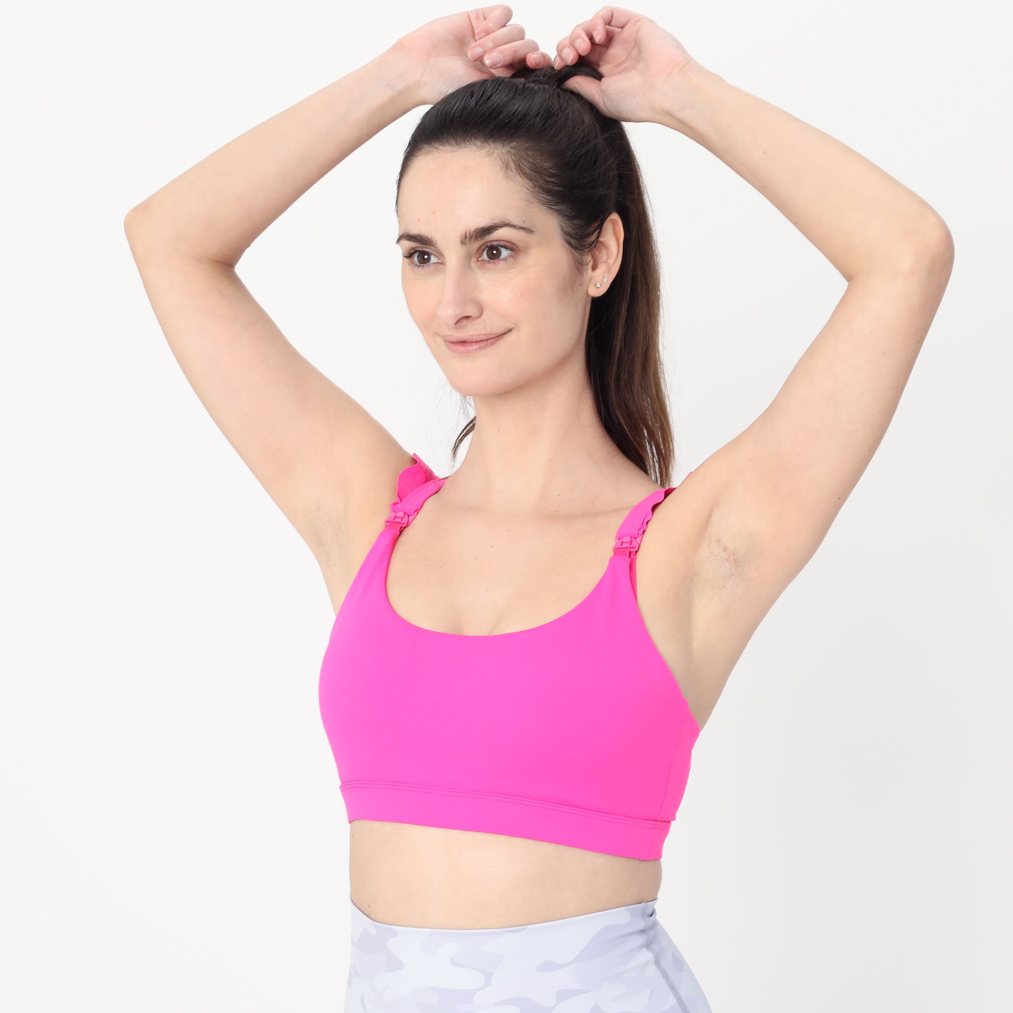 Madison Ruffle Nursing Sports Bra, Medium support, running, largest breast, hot pink