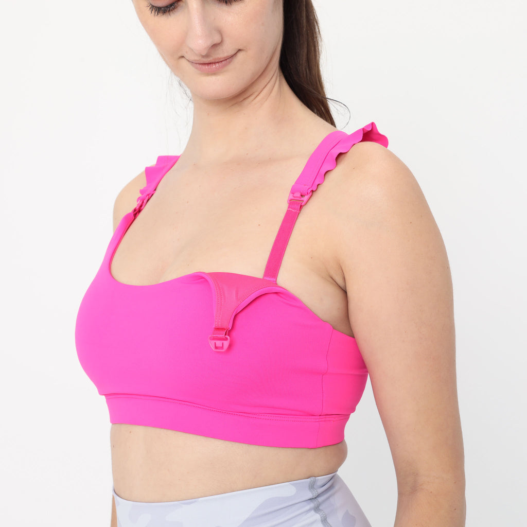 Madison Ruffle Nursing Sports Bra, Medium support, running, largest breast, hot pink