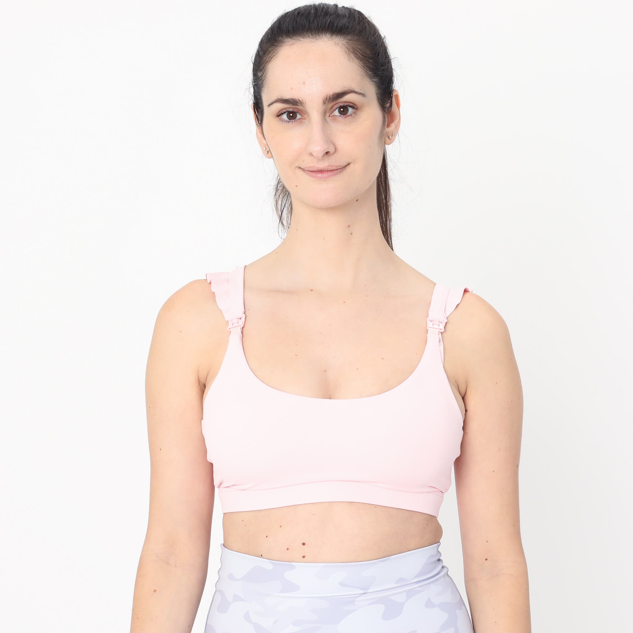 Madison Ruffle Nursing Sports Bra, Medium support, running, largest breast, blush pink