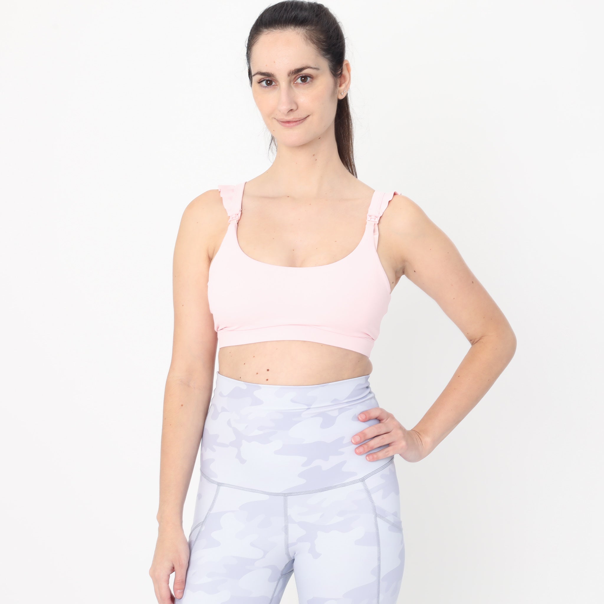 Madison Ruffle Nursing Sports Bra, Medium support, running, largest breast, blush pink