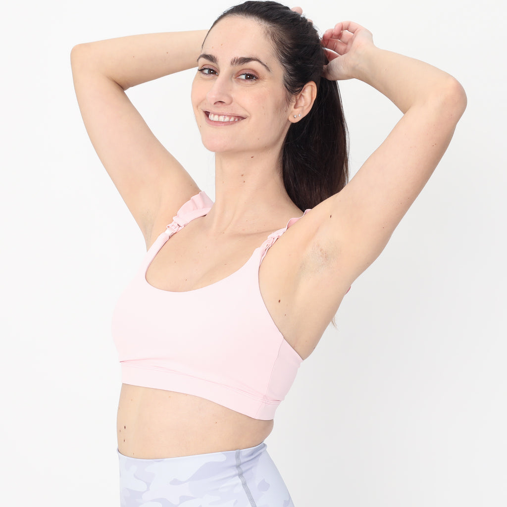 Madison Ruffle Nursing Sports Bra, Medium support, running, largest breast, blush pink