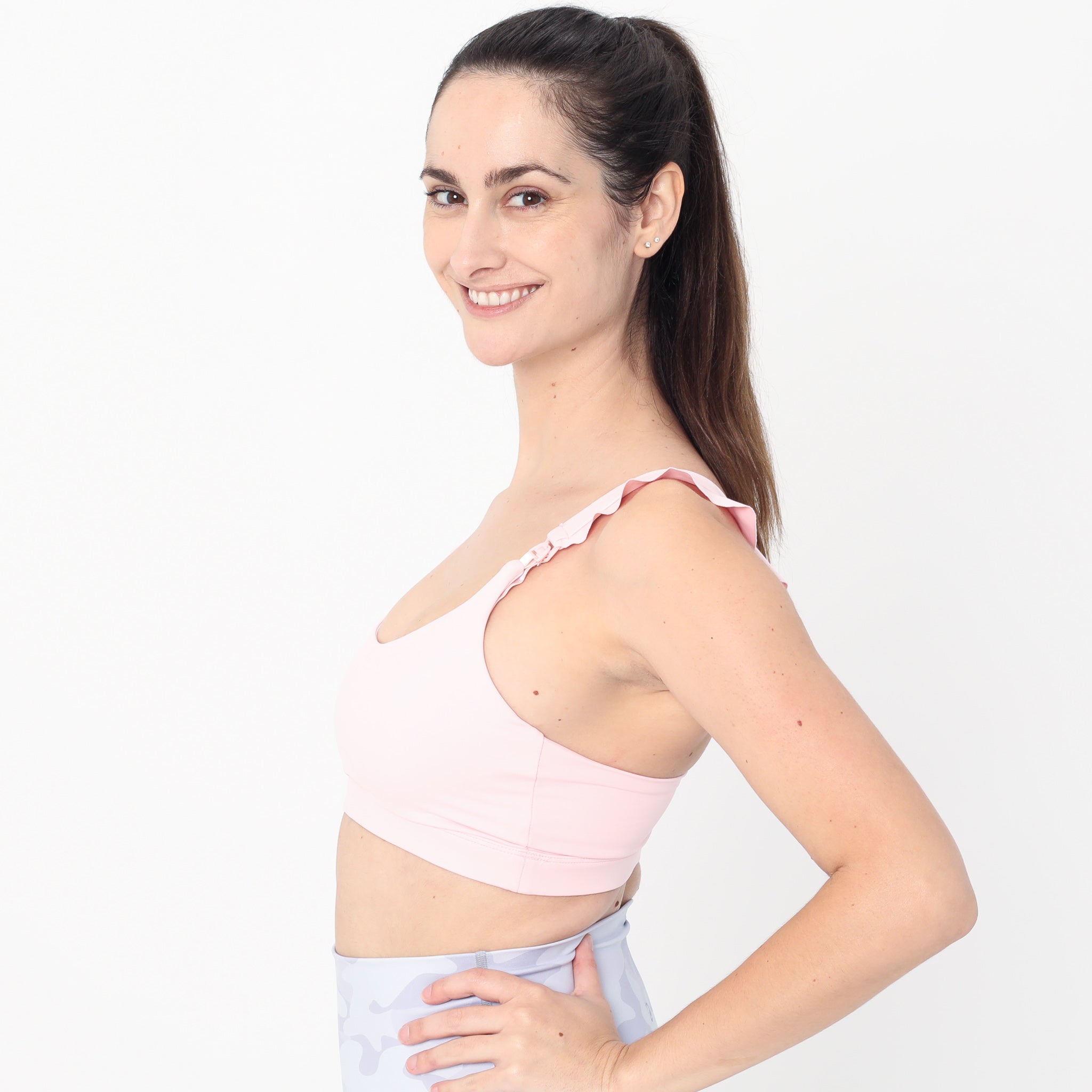 Madison Ruffle Nursing Sports Bra, Medium support, running, largest breast, blush pink