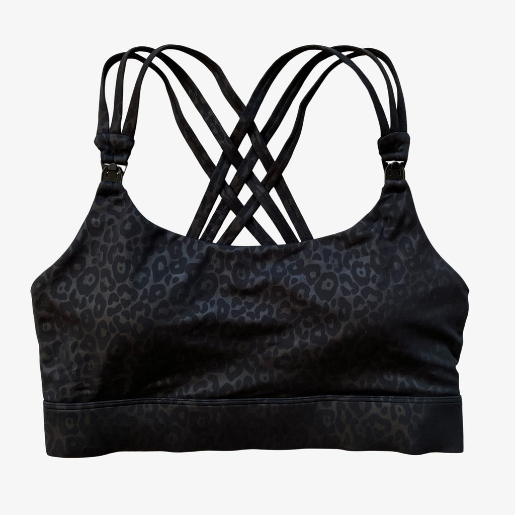Chloe 3 Running Nursing Sports Bra, black, strappy back, supportive, stylish, mid high impact, high coverage, supportive, large chest, black cheetah, sweat and milk