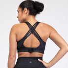 Chloe 4 Running Nursing and Pumping Sports Bra, black, strappy back, supportive, stylish, mid high impact, high coverage, supportive, large chest, black cheetah, sweat and milk