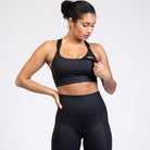 Chloe 4 Running Nursing and Pumping Sports Bra, black, strappy back, supportive, stylish, mid high impact, high coverage, supportive, large chest, black cheetah, sweat and milk
