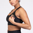 Chloe 4 Running Nursing and Pumping Sports Bra, black, strappy back, supportive, stylish, mid high impact, high coverage, supportive, large chest, black cheetah, sweat and milk