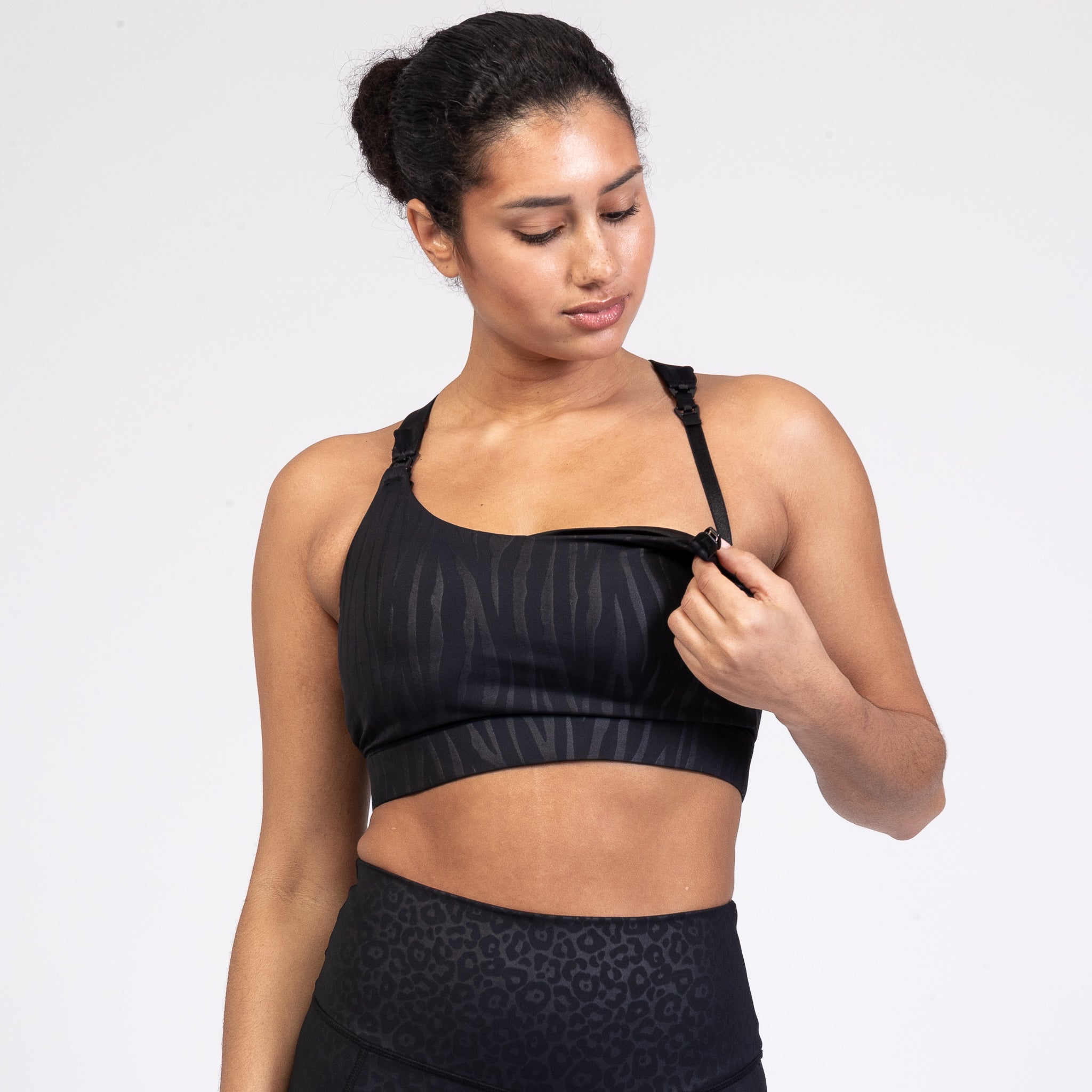 Venice 3 High Impact Nursing sports bra for big chest, Black Tiger, Sweat and Milk