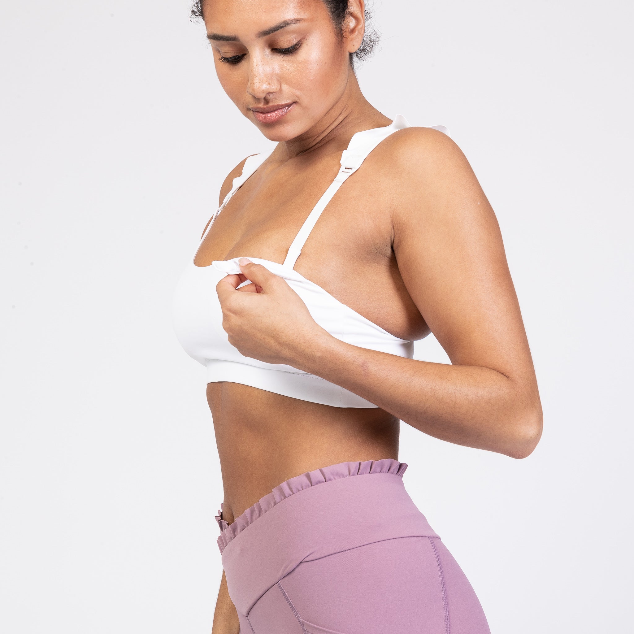 Madison Ruffle Nursing Sports Bra, Medium support, running, largest breast, white