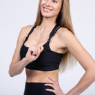 Chloe 4 Running Nursing and Pumping Sports Bra, black, strappy back, supportive, stylish, mid high impact, high coverage, supportive, large chest, black, sweat and milk