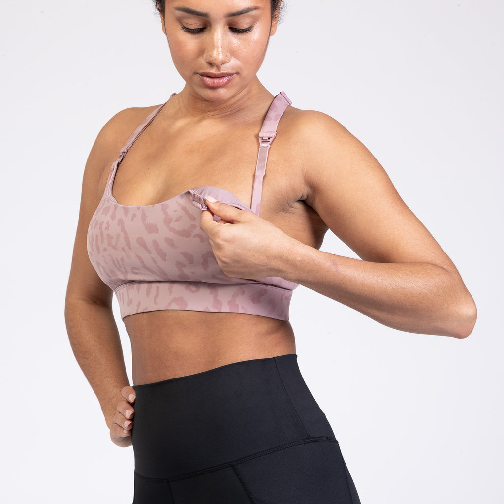 Nursing Sports Bra, strappy, adjustable straps, A-G cup, pink panther - Sweat and Milk LLC