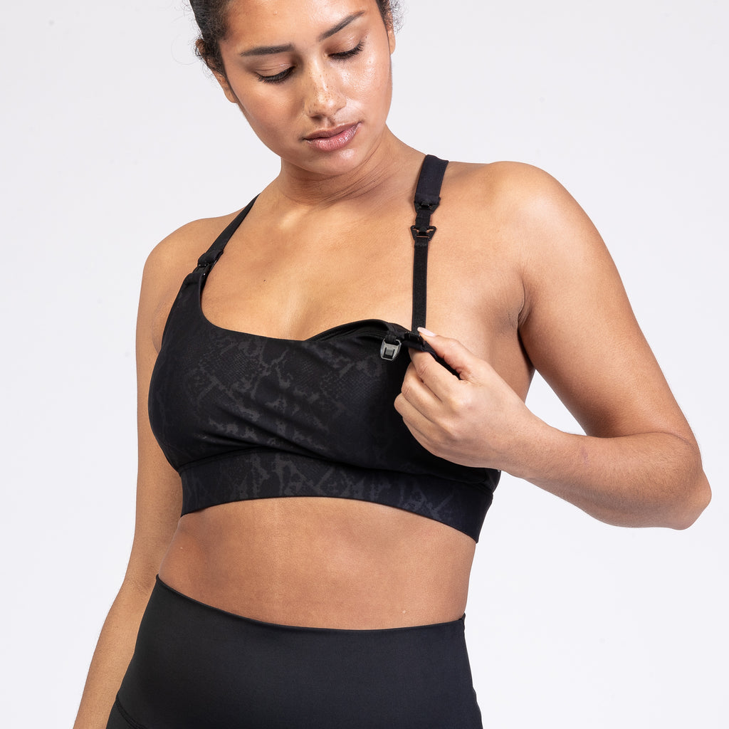 Océane 4 Nursing and pumping sports Bra, high impact nursing sports bra, A-DDD cup, big chested women, hands free pumping, snake, strappy back, adjustable, sweat and milk