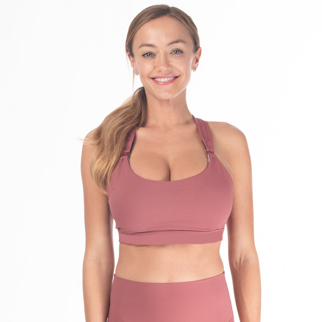 Chloe 3 Running Nursing Sports Bra, dusty pink, strappy back, supportive, stylish, mid high impact, mid high coverage